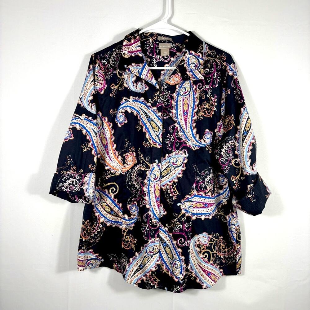 Chico's Black with Fun Colors Paisley Button Down Shirt Size XL RR0842
